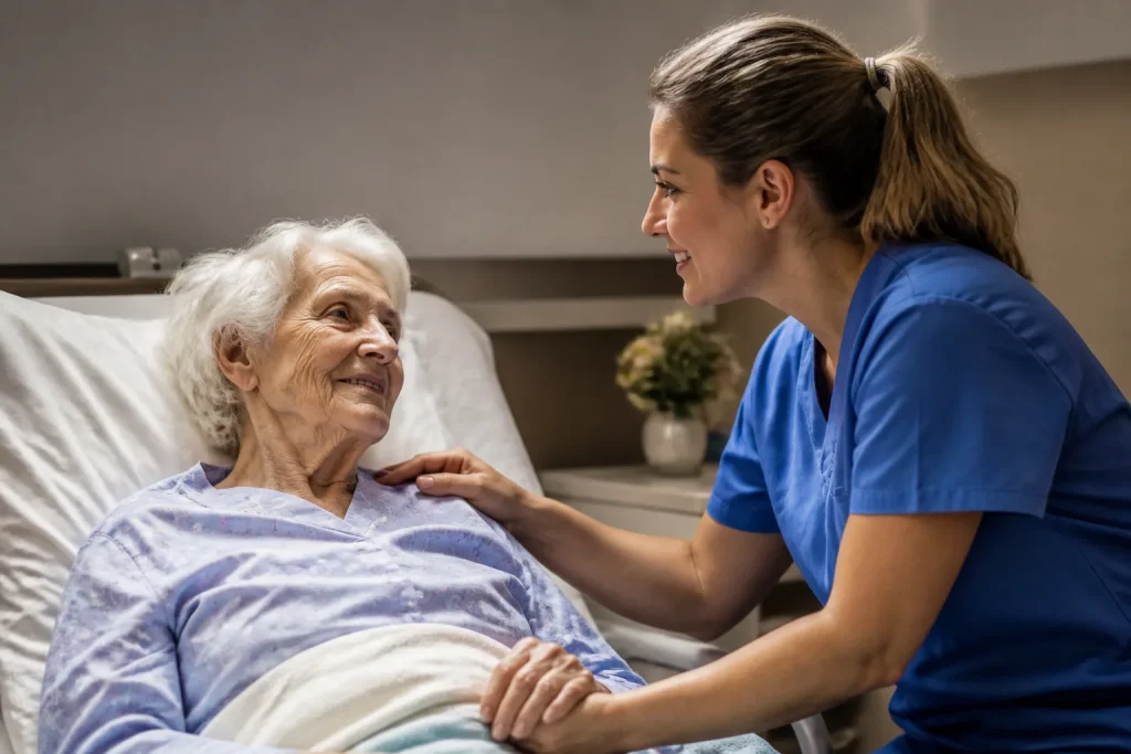 Infirmiere evaluant personne agee dans chambre medicalisee
