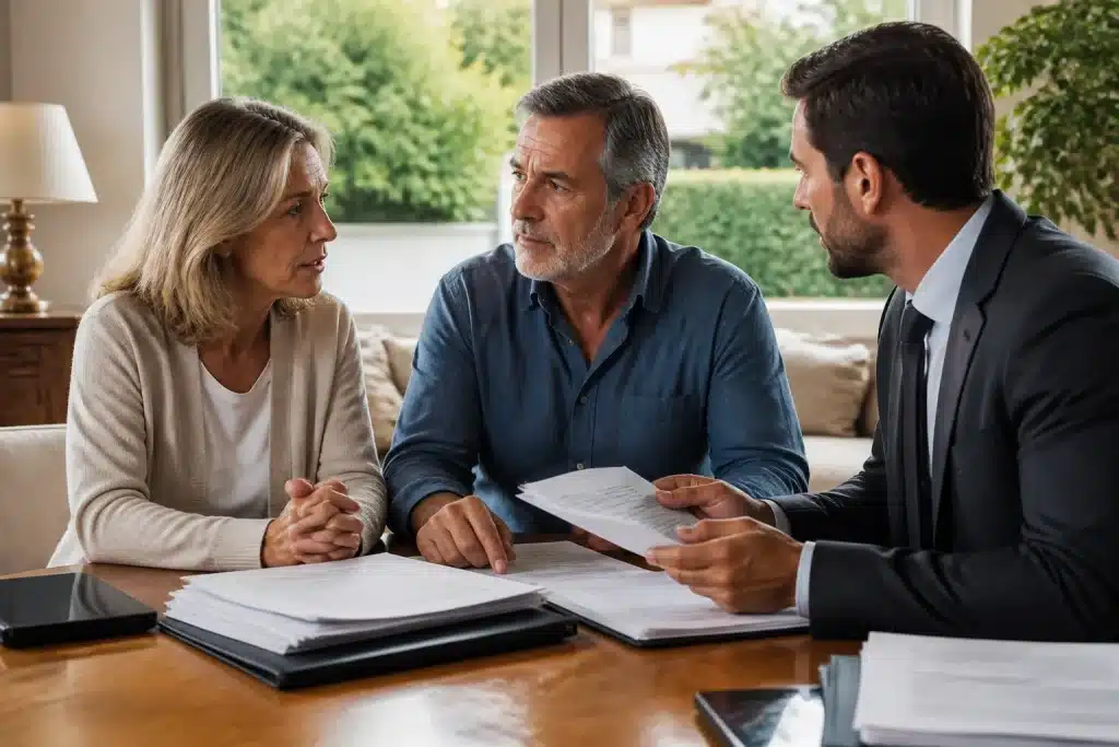 Maison familiale avec documents juridiques et personnes discutant