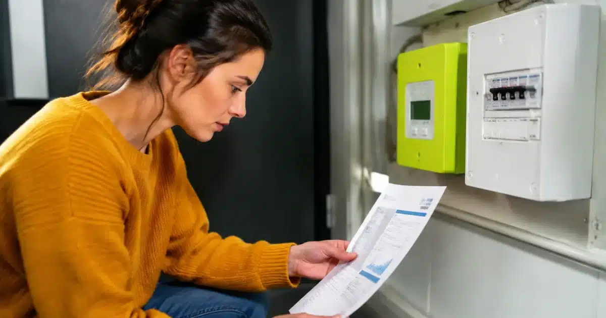 Personne assise consulte document facture energie devant compteur electrique mur