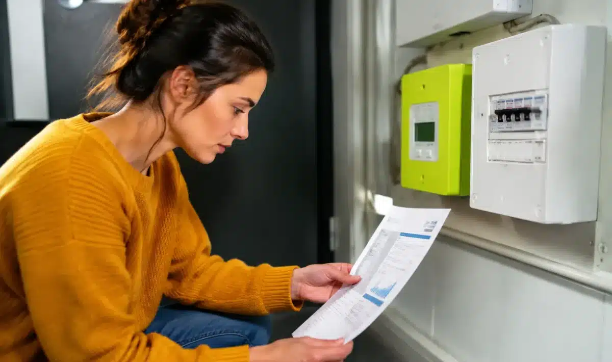 Personne assise consulte document facture energie devant compteur electrique mur