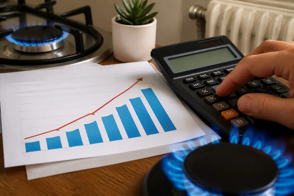 Facture de gaz avec chiffres augmentant progressivement sur papier