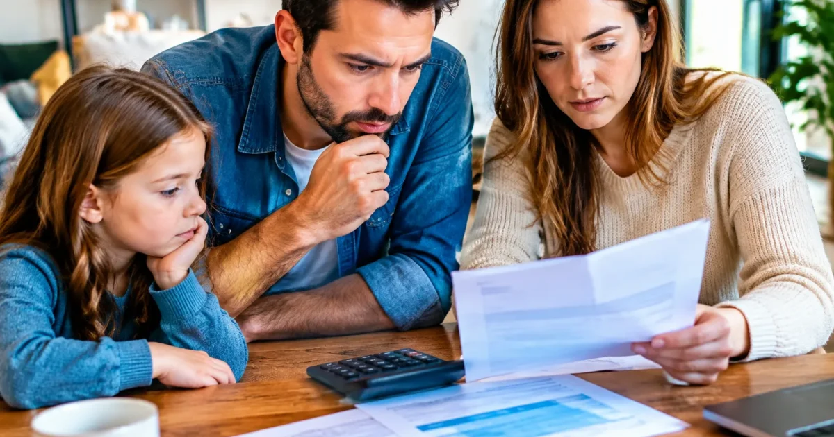 Famille regardant facture gaz bleue avec calculatrice sur table