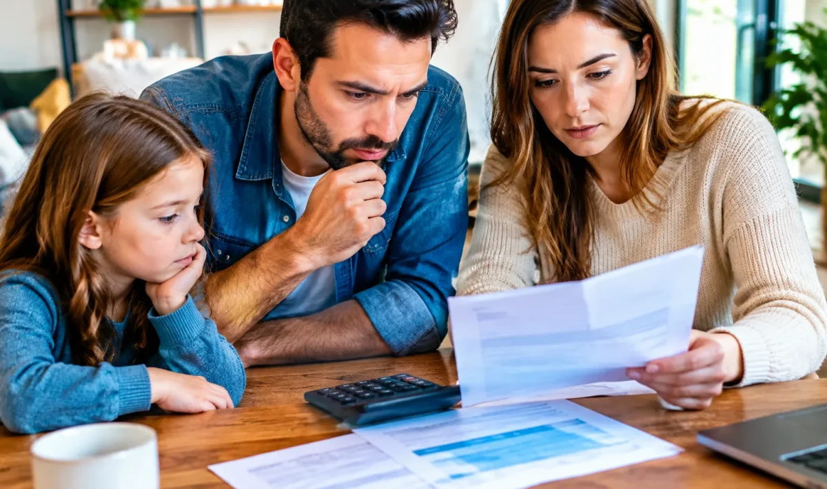 Famille regardant facture gaz bleue avec calculatrice sur table