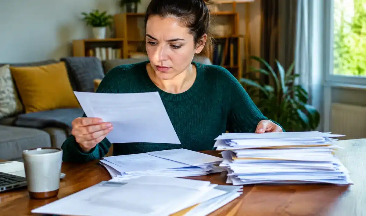 Personne assise tenant des factures et documents empiles devant elle