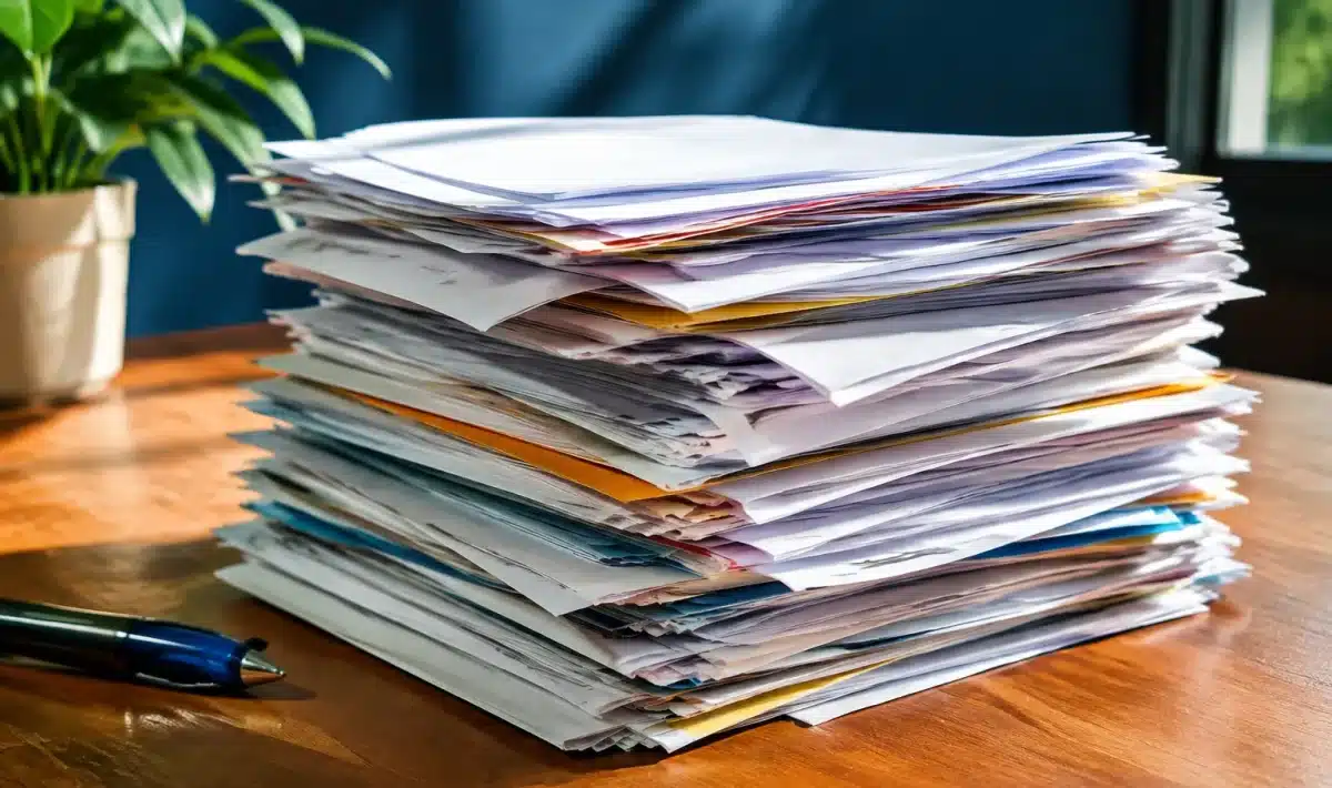 Pile de factures papier empilees sur table en bois