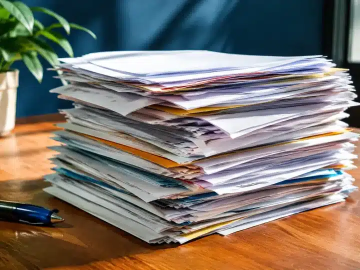 Pile de factures papier empilees sur table en bois