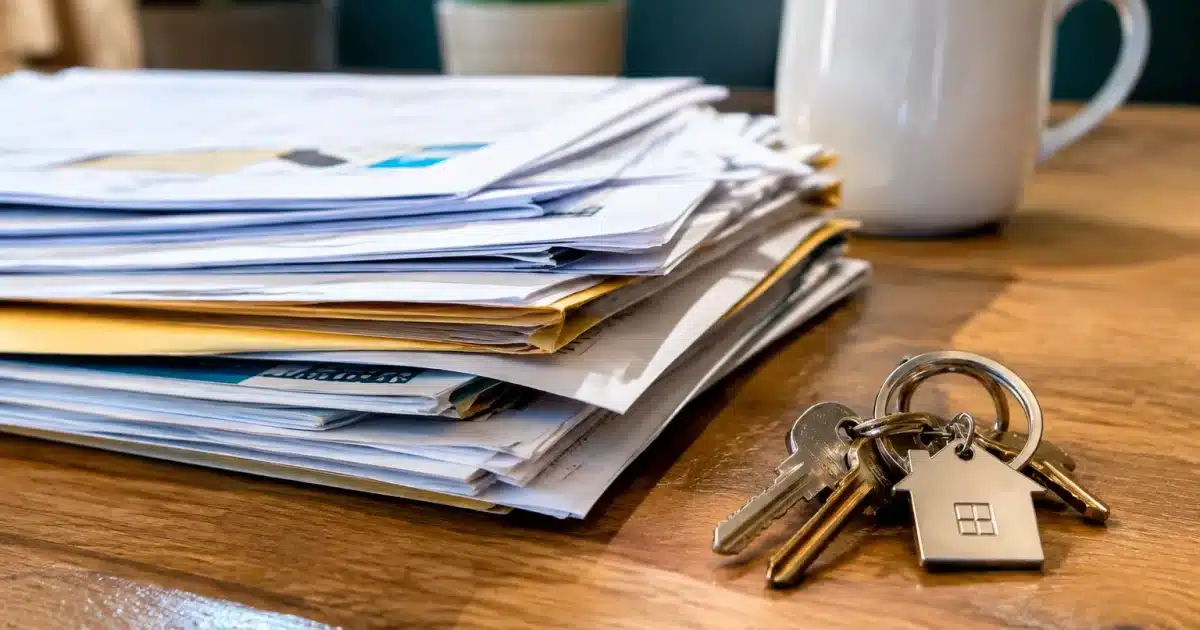 Factures empilees sur table pres de cles de maison