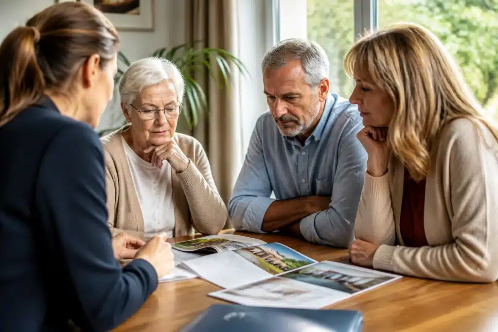 Famille discutant autour table avec brochures maison retraite