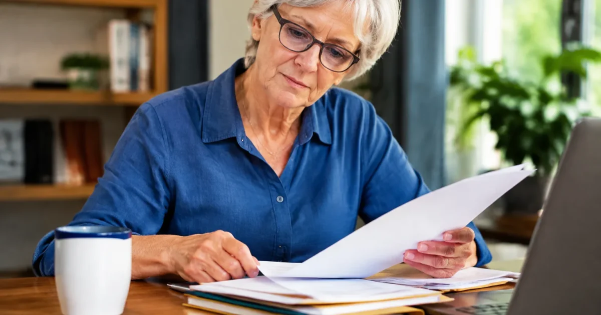 femme agee assise examinant documents papiers dossiers