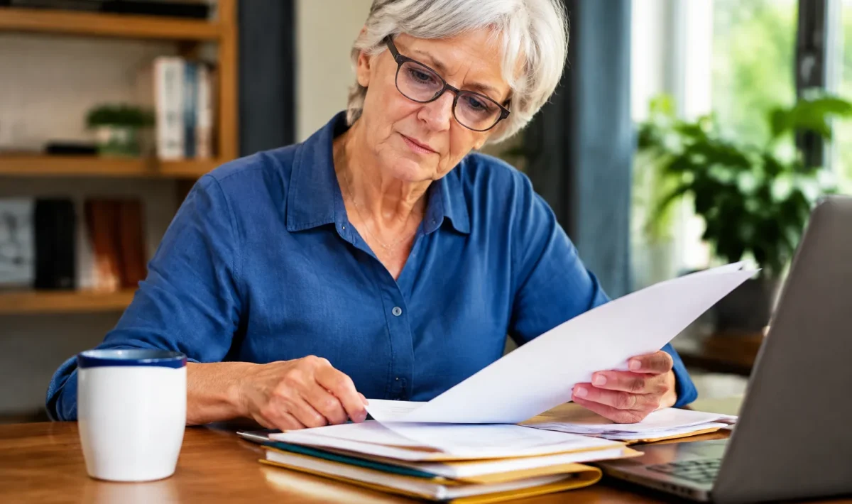 femme agee assise examinant documents papiers dossiers