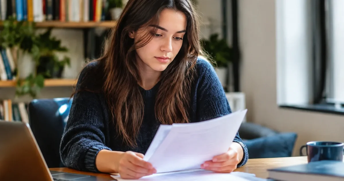 Femme assise etudiant documents papier sur bureau