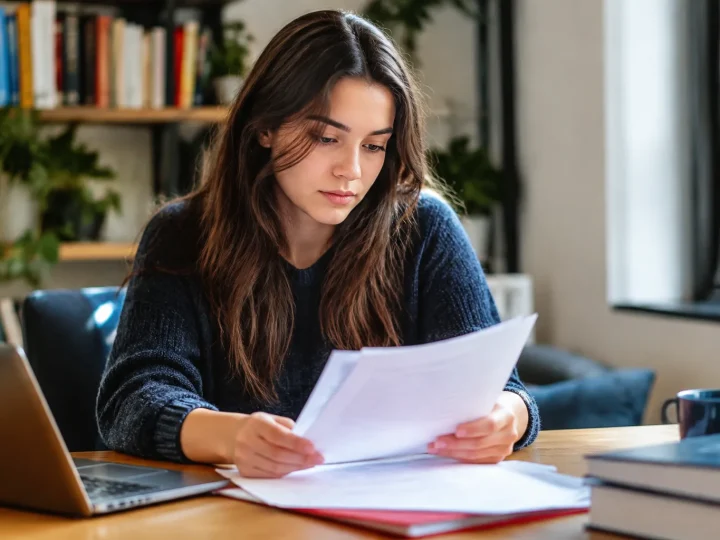 Femme assise etudiant documents papier sur bureau