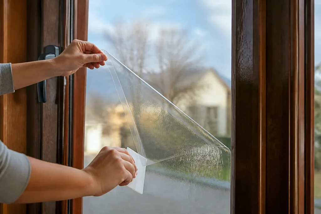 Film transparent adhere fenetre cadre bois