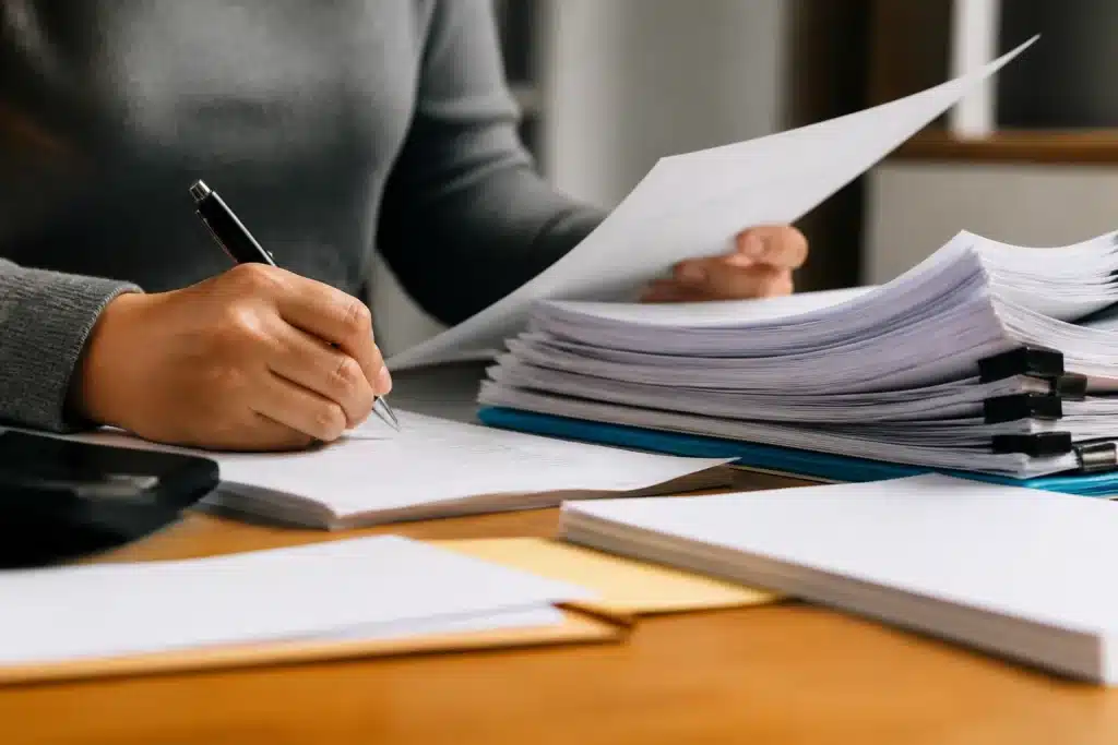 Formulaire papier avec documents justificatifs sur bureau