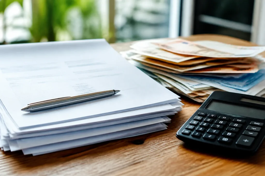Formulaires administratifs avec billets et calculatrice