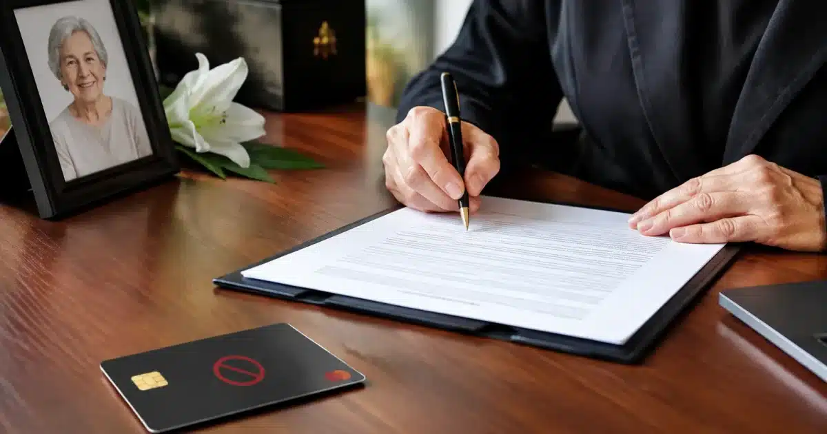 Mains signant documents funéraires près d'un compte bancaire fermé