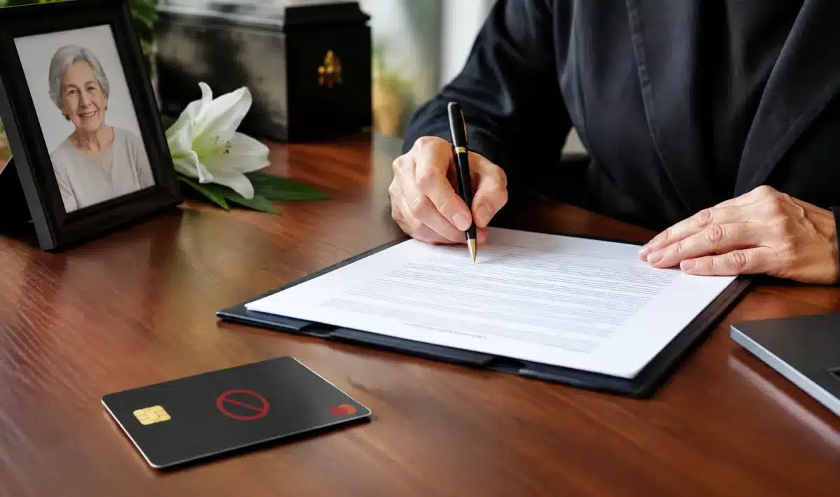 Mains signant documents funéraires près d'un compte bancaire fermé