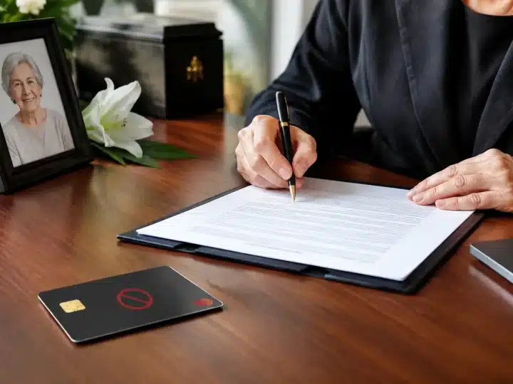 Mains signant documents funéraires près d'un compte bancaire fermé