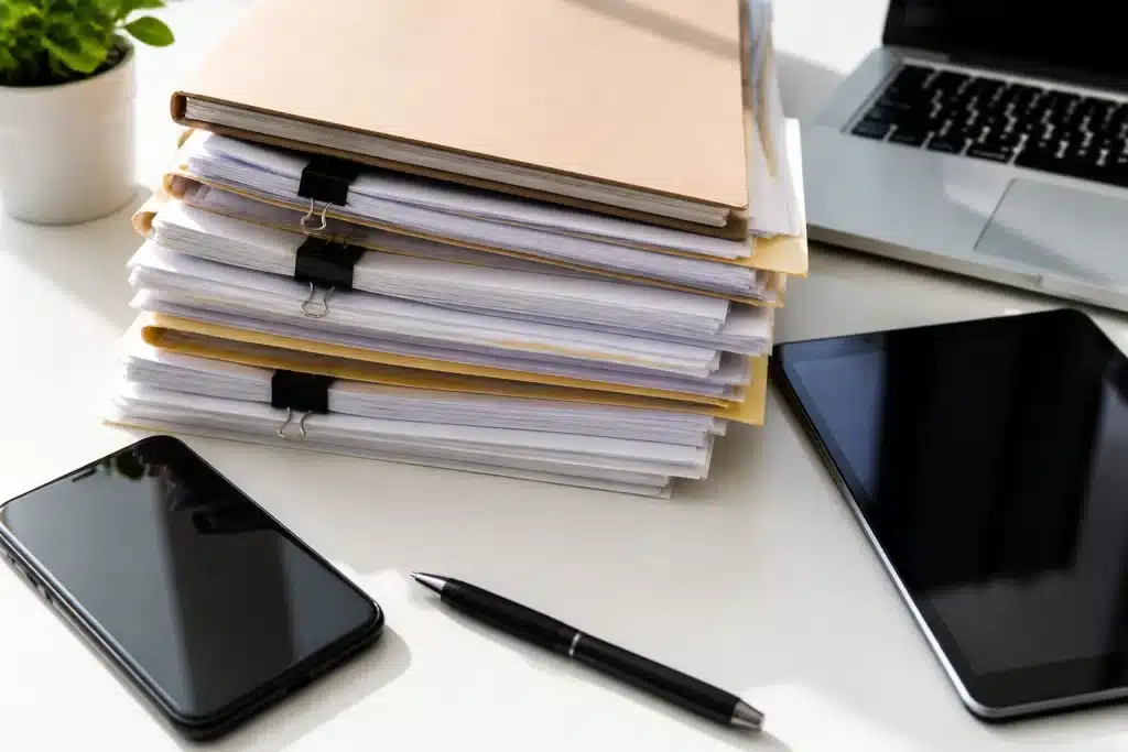 Documents administratifs et appareils numeriques sur bureau blanc