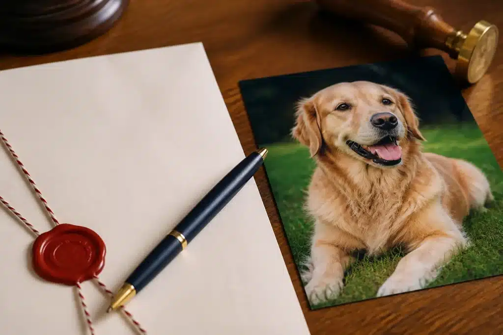 Document notarié avec stylo près de photo chien