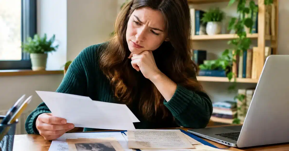 Personne assise a un bureau etudiant des documents heritage avec expression hesitante