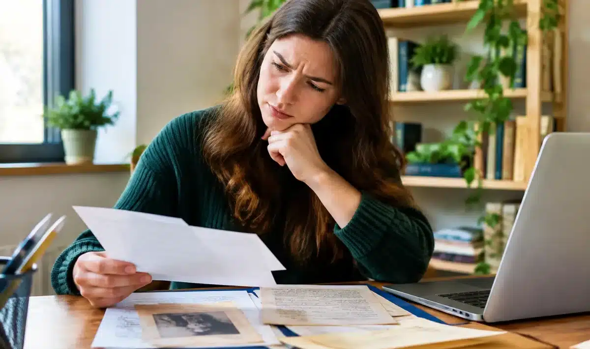 Personne assise a un bureau etudiant des documents heritage avec expression hesitante