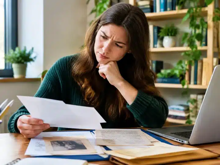 Personne assise a un bureau etudiant des documents heritage avec expression hesitante