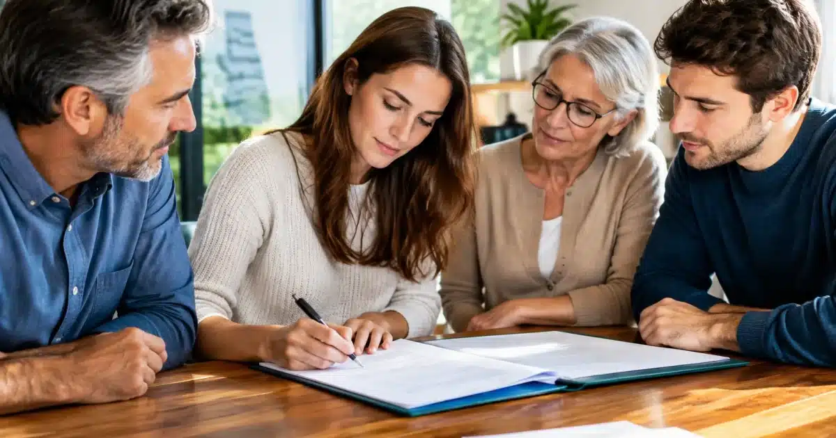 Famille assise autour table signant documents succession