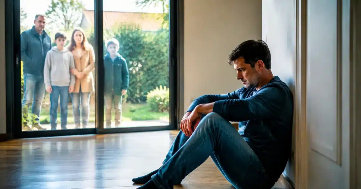 Homme seul assis dans maison vide, autres membres famille dehors observant