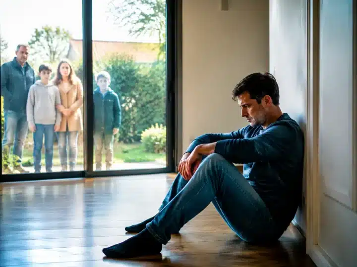 Homme seul assis dans maison vide, autres membres famille dehors observant