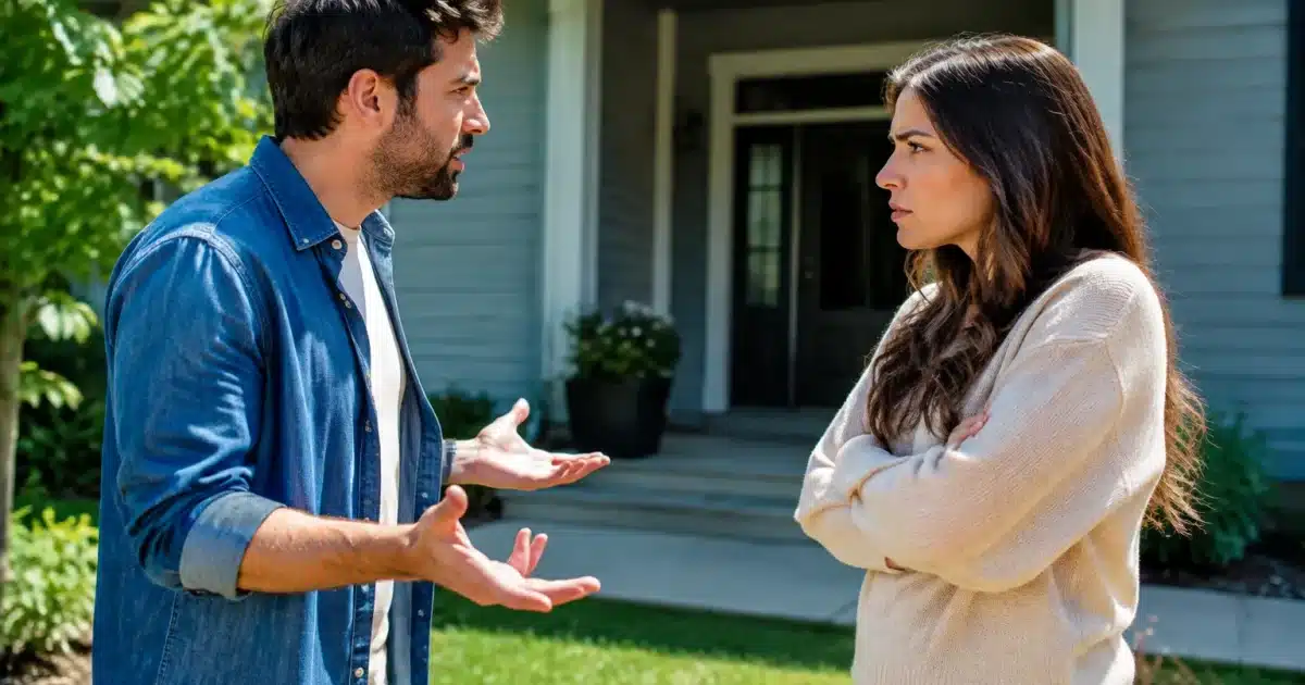 Deux personnes face à face devant maison, gestes opposés, désaccord visible
