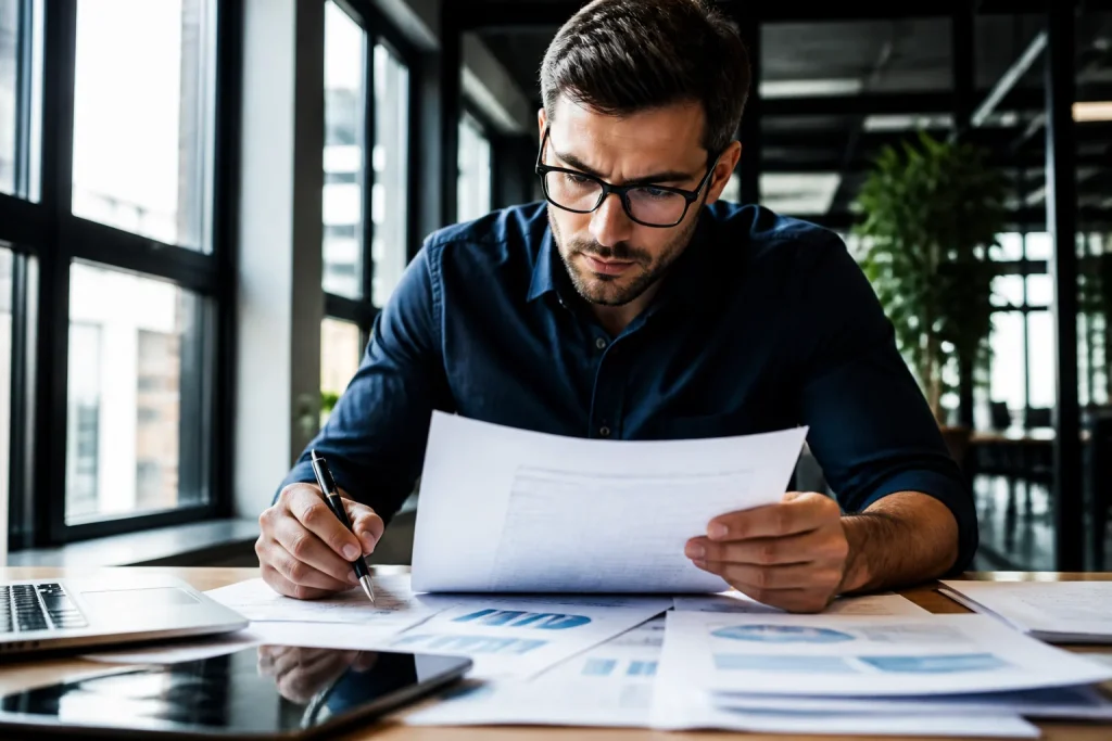 Homme travaillant avec documents financiers et stylo