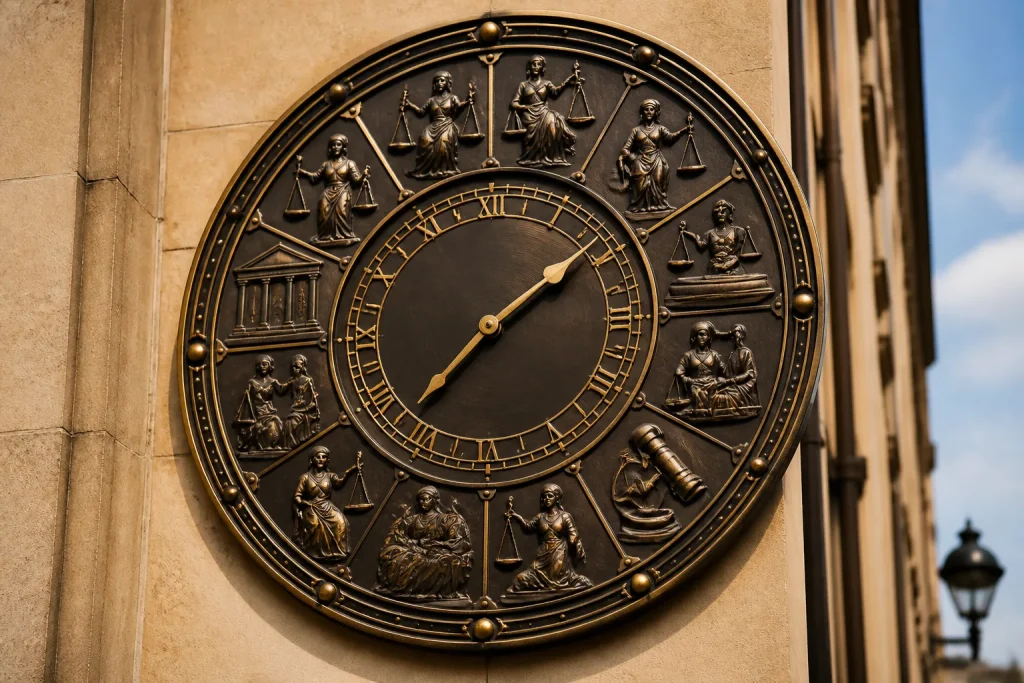Horloge marquant categories judiciaires avec differentes periodes