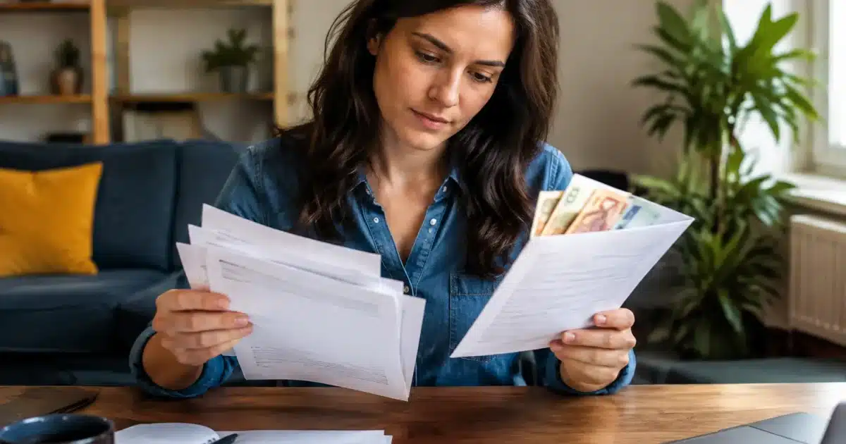 Personne assise tenant documents fiscaux et enveloppe argent sur bureau