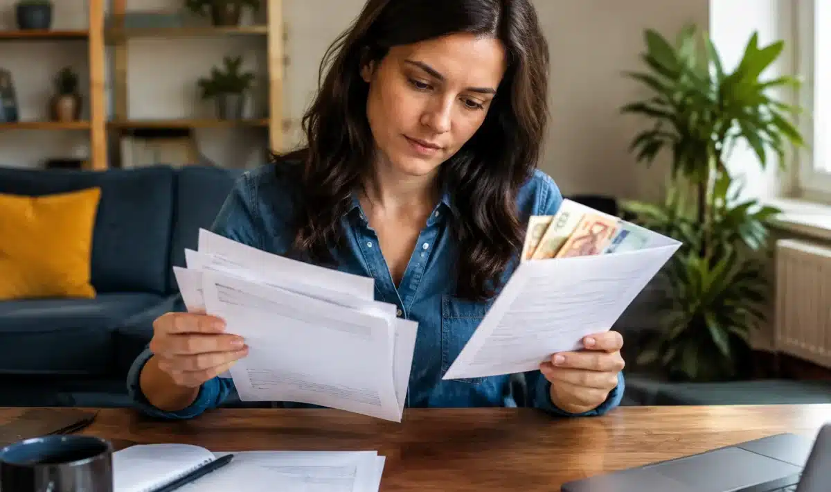 Personne assise tenant documents fiscaux et enveloppe argent sur bureau