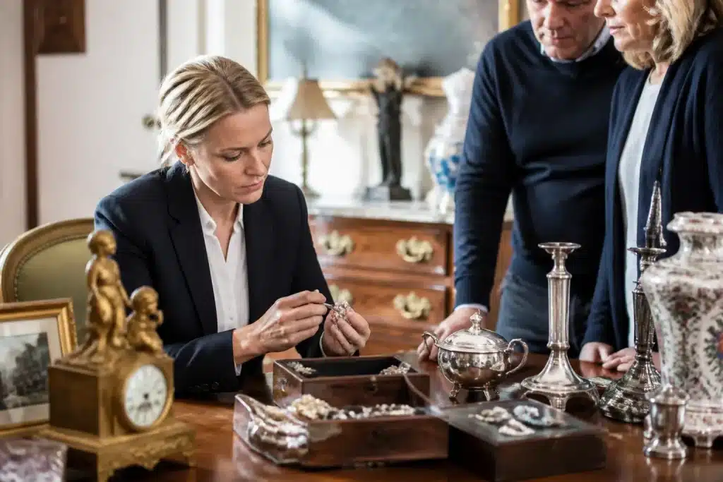 Notaire examine bijoux argenterie mobilier succession