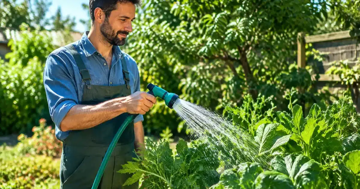 Jardinier tenant tuyau d'arrosage au-dessus de plantes vertes