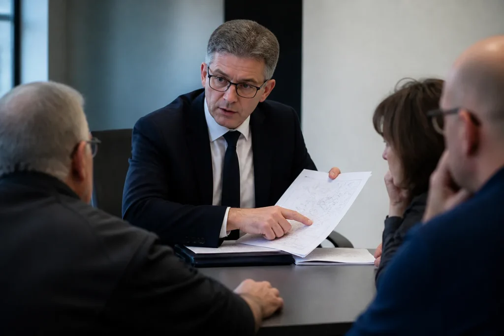 Directeur La Poste présentant documents fermetures bureaux postaux
