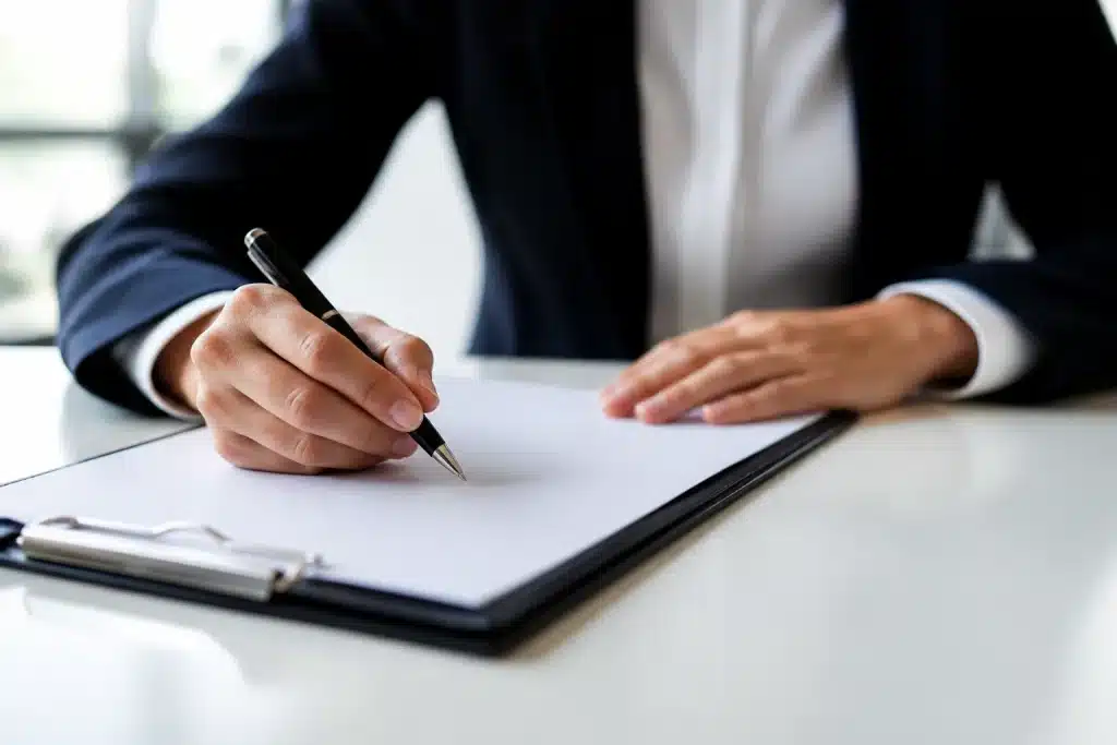 Document contrat signé avec stylo sur bureau administratif