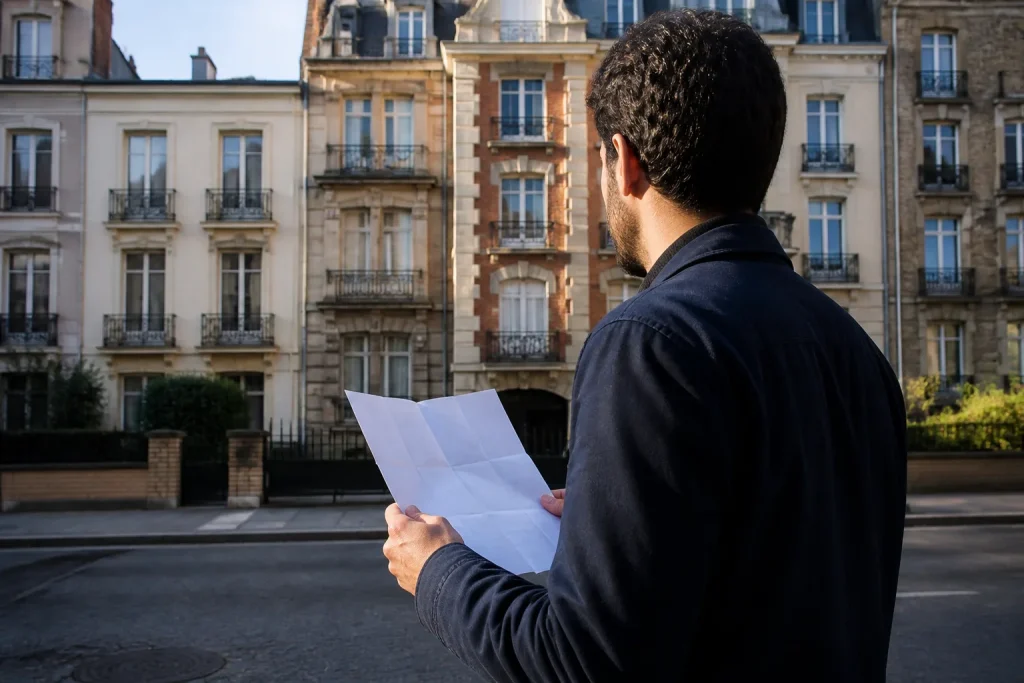 Locataire tient papier loyer face immeubles urbains