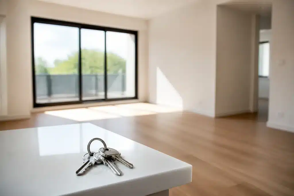 Appartement vide avec clés sur table blanche
