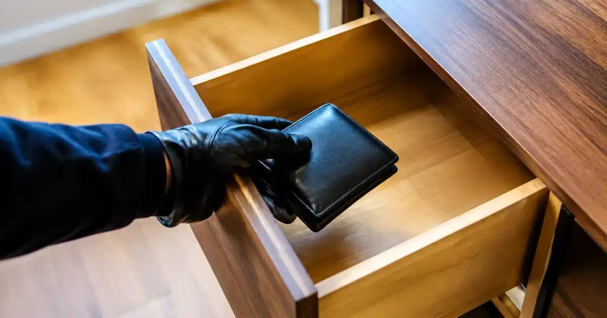 Main gantée saisissant objet dans tiroir ouvert maison vide