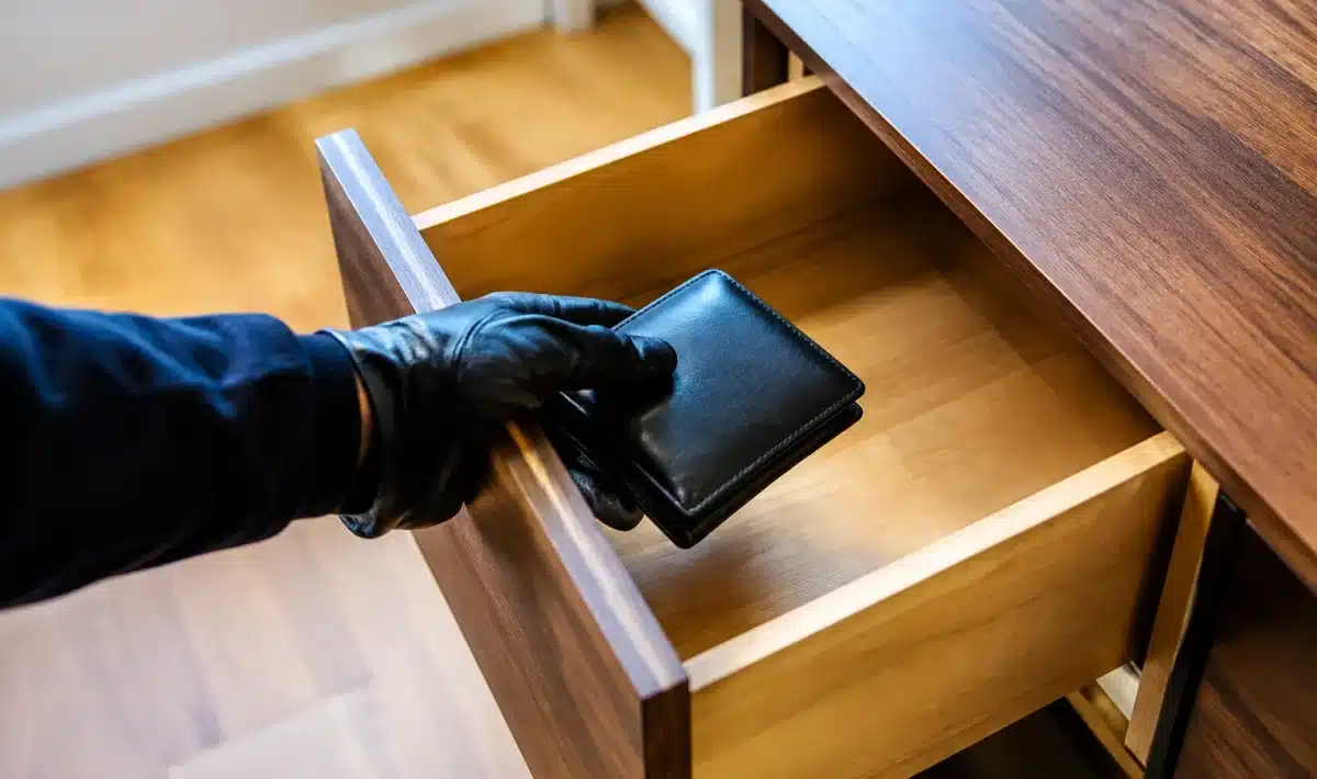 Main gantée saisissant objet dans tiroir ouvert maison vide