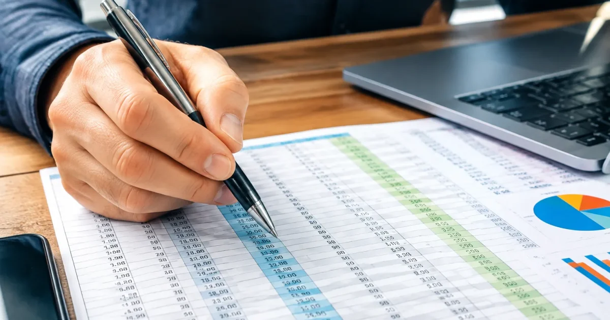 Main posee sur feuille de calculs et chiffres