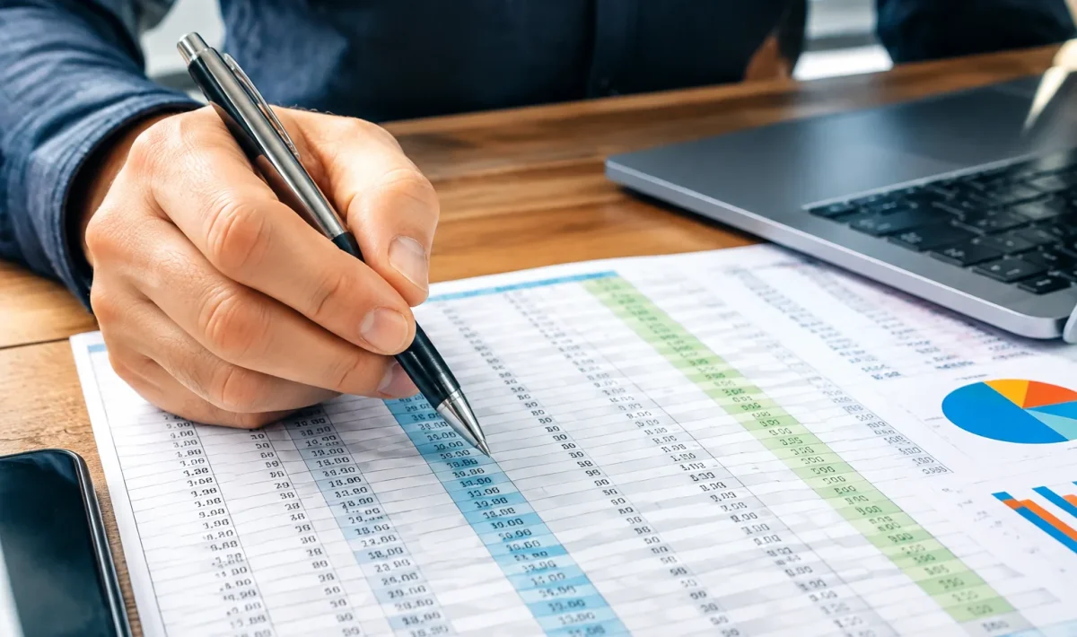 Main posee sur feuille de calculs et chiffres