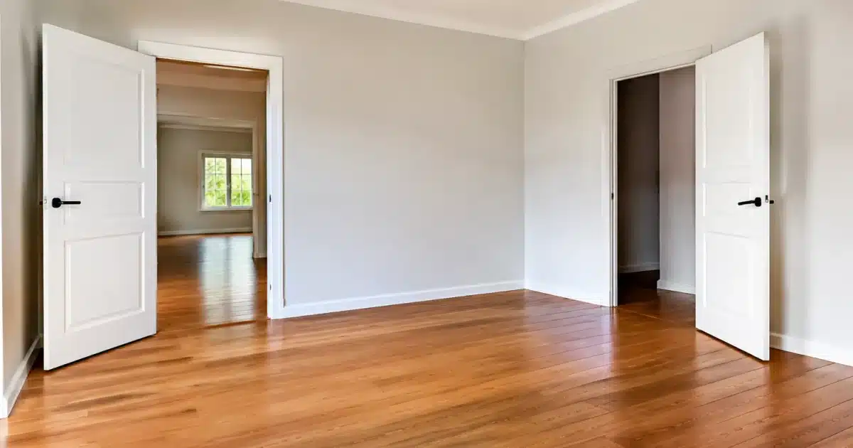 Interieur maison vide avec portes ouvertes et murs nus