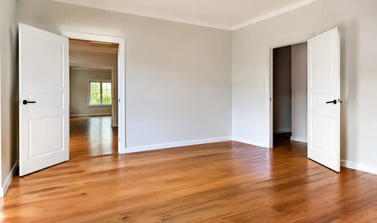 Interieur maison vide avec portes ouvertes et murs nus
