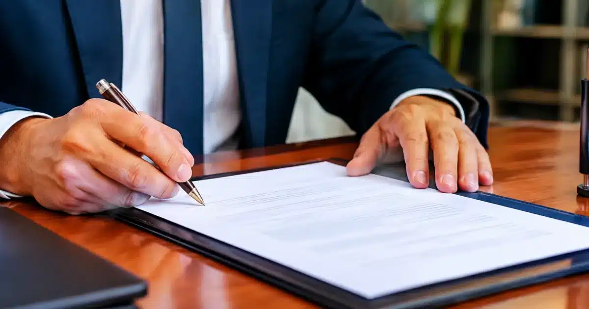 Deux mains signant document officiel sur bureau, stylo posé dessus