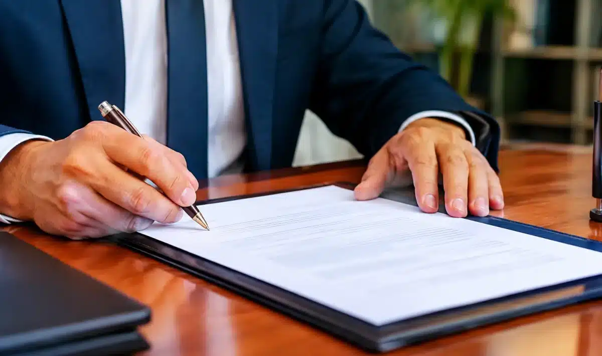 Deux mains signant document officiel sur bureau, stylo posé dessus