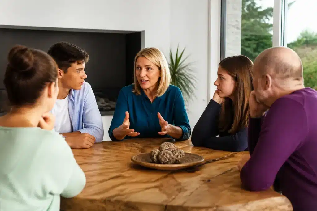 Mediateur facilitant discussion entre famille autour table
